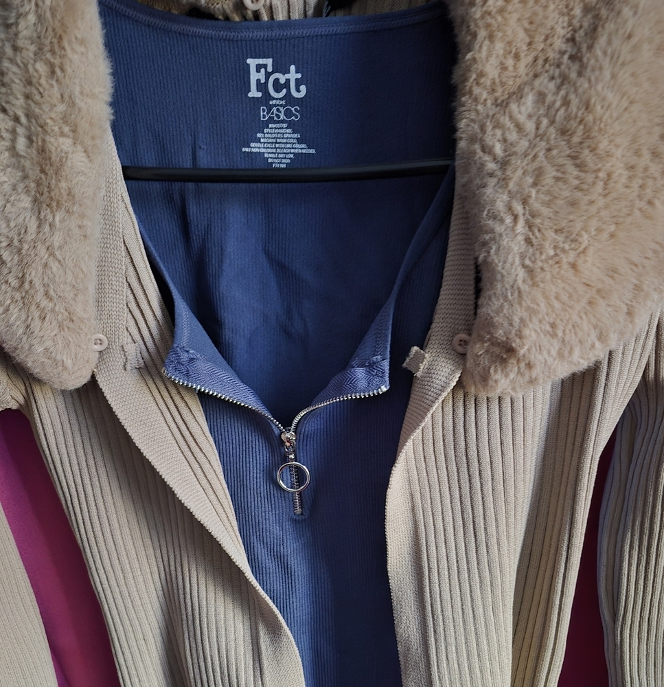 Beige Ribbed Jacket with Faux Fur Collar